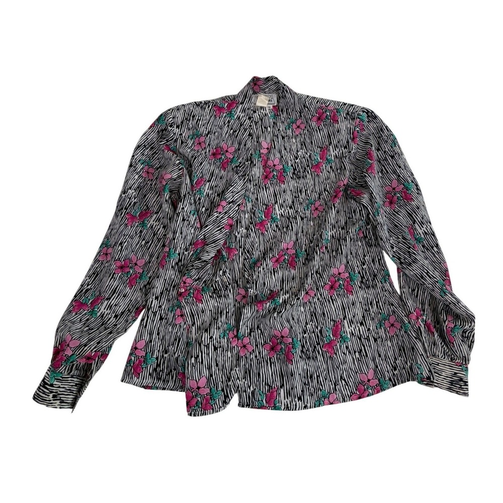 Notations Vintage Black White Abstract Floral Long Sleeve Blouse‎ Womens Sz 10